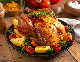 Roasted chicken with vegetables on a platter