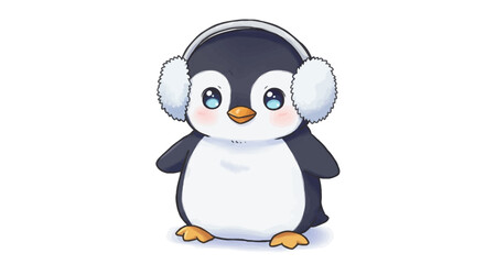 Cute cartoon penguin with big eyes wearing earmuffs