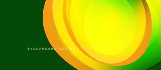 Abstract vibrant design features layered circles. Green background contrasts yellow, orange hues. Modern aesthetic, smooth gradients present.
