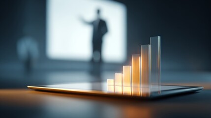 A businessman presenting growth statistics represented by transparent bars on a digital tablet, creating a modern, professional atmosphere.
