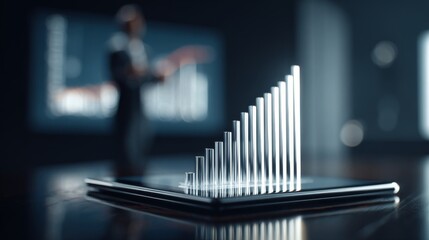 A man in a suit stands behind a digital tablet displaying a 3D bar chart, reflecting innovation and growth in a modern business setting.