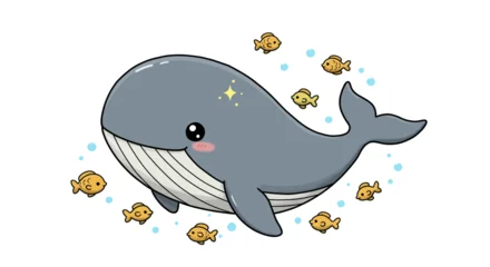 Gardinen Meerestiere A cartoon whale is encircled by small golden fish with blue bubbles floating nearby  © Zals Images