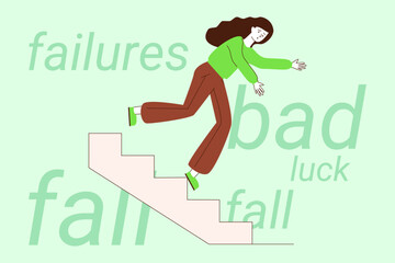 Woman climbing stairs with determined expression, embodying perseverance. She balancing on edge, illustrating challenge of overcoming bad luck and failures in life journey
