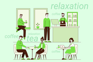 People enjoying drinks and conversations in cozy cafe. Some seated at tables while others relaxing on window ledge
