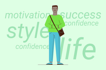 Young man in green sweater and blue pants standing confidently, holding bag. Words like motivation and success surrounding him, symbolizing positive mindset and ambition