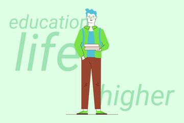 Student standing confidently, holding stacked books in their hands. Dressed in casual attire with light green background, man representing pursuit of higher education and learning