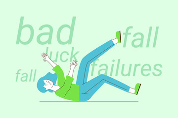 Person in blue clothing falling to ground with surprised expression. Words like bad luck and failure scattered in background, emphasizing moment of mishap