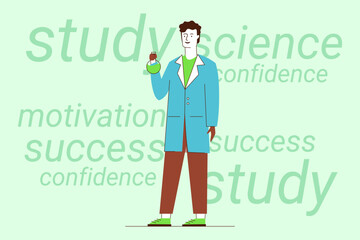 Young person wearing lab coat standing confidently while holding green liquid in flask. Words related to success and motivation in studying science