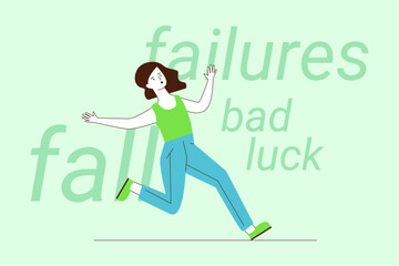 Woman running energetically across soft green background. Words like failures and bad luck scattered around her, emphasizing her determination to move forward