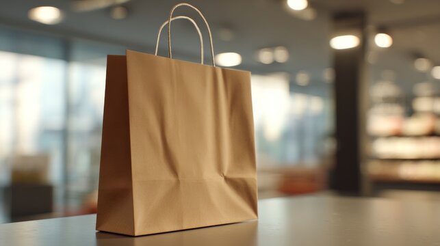 A plain brown paper shopping bag sits on a table, evoking a sense of minimalism and eco-friendliness. - Powered by Adobe
