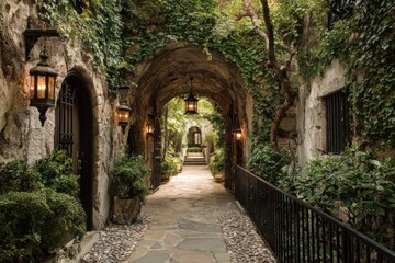 Stone archway with a pathway leading to another archway, ivy, lights, and greenery