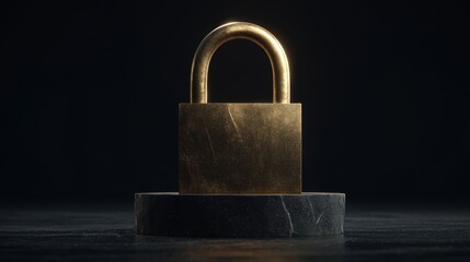 A golden padlock rests on a sleek marble pedestal, illuminated against a dark backdrop, symbolizing security and protection.