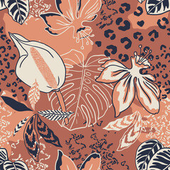 Stylish tropical floral seamless pattern. hibiscus flowers, monstera leaves, anthurium, and abstract leopard spots. apparel prints, summer fashion collections, swimwear, activewear, home decor, wall.