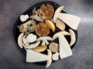 Slices of different types of edible mushrooms