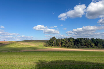 Beautiful landscape at turn of summer and autumn with green fields and trees