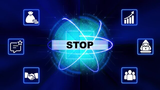 Stop Sign Atom Concept Business Technology Innovation Digital Transformation Futuristic Abstract Background with Icons and Glowing Lines