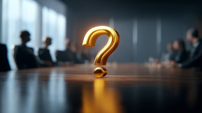 A large golden question mark centerpiece in a conference room filled with silhouettes of business people, evoking curiosity and discussion.
