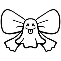 halloween Cute ghost with a purple bow and playful expression. in doodle line style