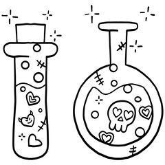 halloween potion bottles with hearts and skull designs. in doodle line style
