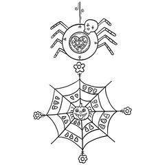 halloween spider and web illustration with floral elements. in doodle line style