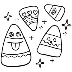 halloween candy corn with playful designs and decorations. in doodle line style