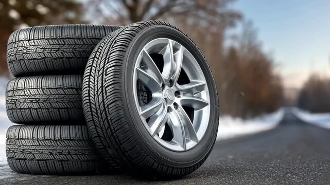 Quality winter tires stacked by the roadside in a scenic rural area ready for travel during the cold season