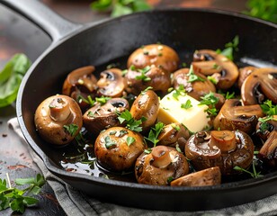 Roasted mushrooms in a cast iron pan