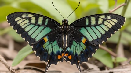 Fototapeta premium Macro detailed shot of a vibrant emerald swallowtail butterfly on natural background
