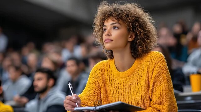 A woman with curly hair in a bright yellow sweater taking notes in a classroom or lecture hall.