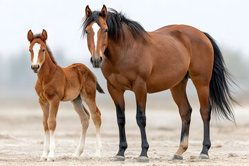 Obraz premium Majestic Mare and Foal in Serene Outdoor Setting for Nature and Wildlife Themes