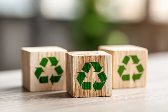 Three wooden blocks, each with a green recycling symbol, sit on a light wooden surface