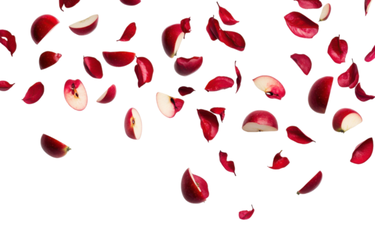 Fresh red apple slices falling isolated on transparent background. Flying apple wedges falling pieces of red apple fruit isolated on white background.
