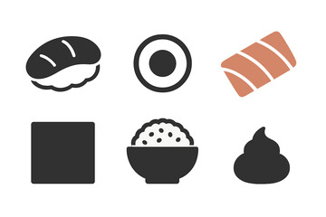 Minimalist set of Japanese cuisine icons: nigiri, maki roll, salmon, rice bowl, and wasabi