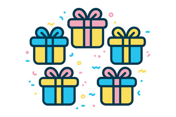 Five festive gift boxes with colorful ribbons and scattered confetti elements on a white background