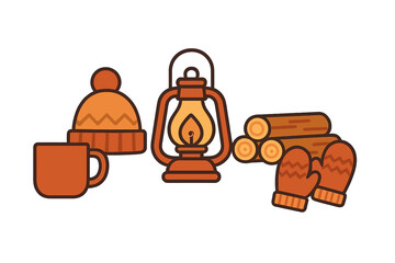 Collection of cozy winter essentials including warm hat, hot drink mug, lantern, firewood, and mittens
