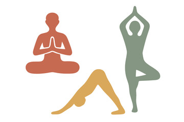 Minimalist silhouettes of three people practicing various yoga and meditation poses for wellness