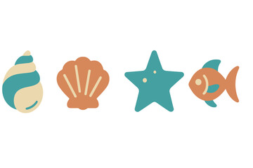 Collection of colorful flat design ocean creatures and seashells icons