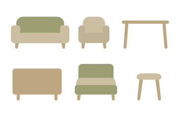 Minimalist collection of modern living room furniture pieces including sofa armchair table and cabinet