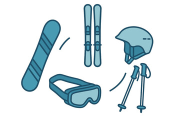 Set of winter sports equipment including snowboard skis helmet goggles and poles