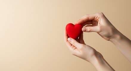 Hands holding a red heart shape on neutral background  