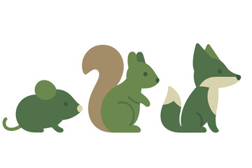 Stylized set of forest animals including mouse, squirrel, and fox in earthy green tones