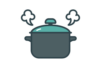 Stylized boiling pot with hot steam rising, kitchen cooking utensil graphic