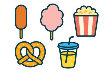 Classic amusement park food items: popcorn, pretzel, cotton candy, soda, and ice cream