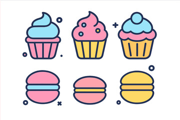 Brightly colored assortment of baked goods icons featuring frosted cupcakes and macarons