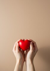 Hands holding red heart symbol against neutral background  