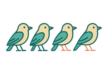 Four stylized small birds standing in a horizontal row minimal outline design