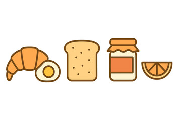 Minimalist set of breakfast food items including croissant, boiled egg, bread, and jam jar
