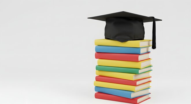 3D Render of Black Graduation Cap Sitting on Tall Stack of Colorful Academic Books