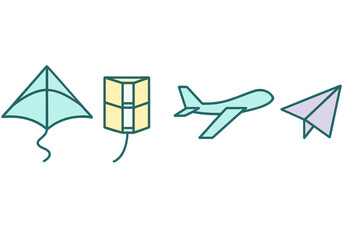 Air travel and flying objects icon set including kite and paper airplane