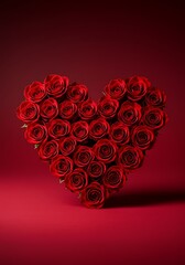 Heart-shaped arrangement of red roses on a deep red background  